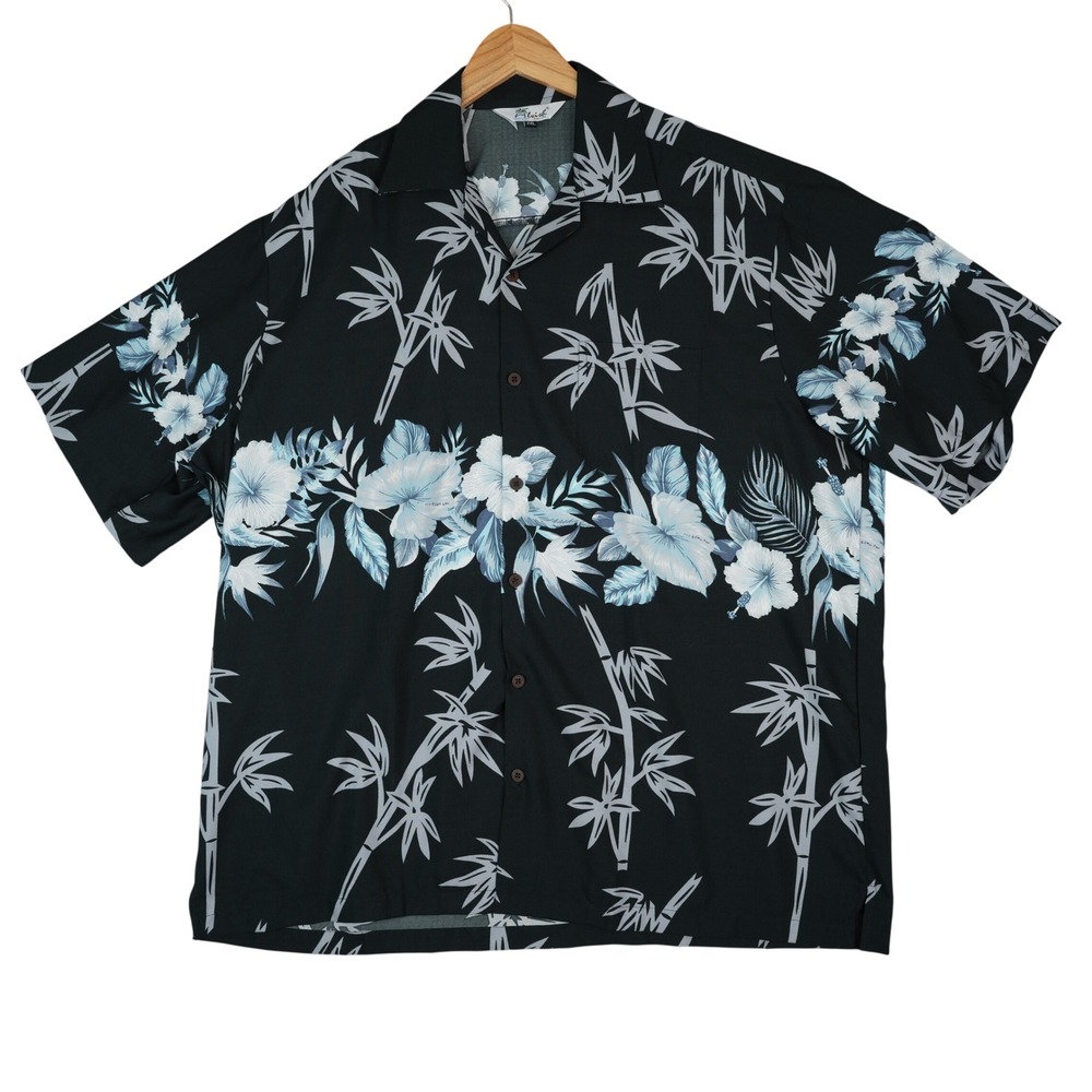 Alvish‎ Hawaiian Shirt Mens 2XL Black Floral Bamboo Aloha Short Sleeve Button Up